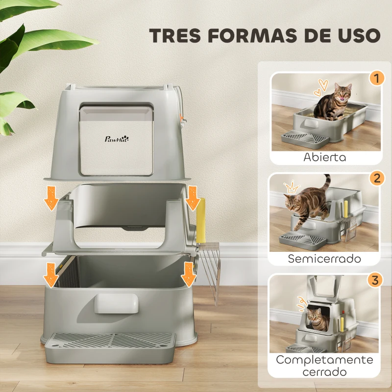 PawHut Arenero para Gatos de Acero Inoxidable XL con Tapa Abatible 180° Laterales Altos Pedal Pala Gris Claro