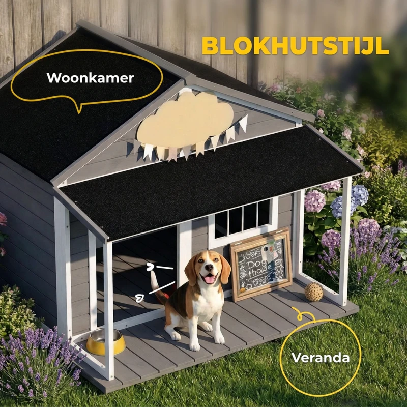 PawHut Hondenhok voor buiten - Inclusief veranda - Weerbestendig - 124 cm x 112 cm x 105 cm - Grijs + Wit(m-4)