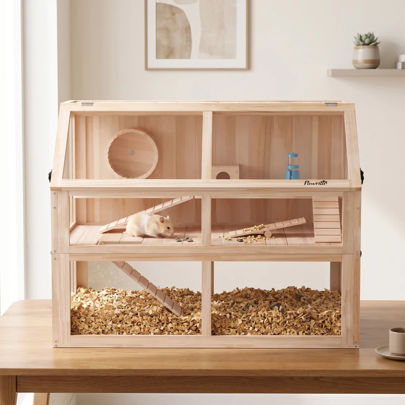 PawHut Hamsterkäfig aus Holz 3 Etagen Nagerkäfig Kleintierkäfig mit Wippe Laufrad Hütte 95 x 53 x 76 cm Naturholz