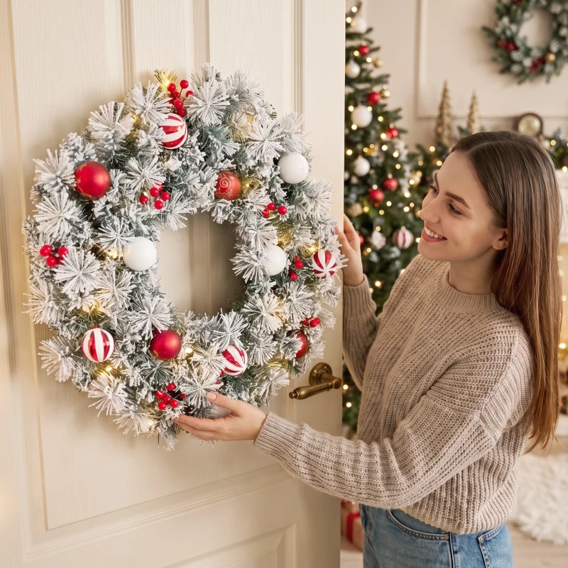 HOMCOM Ghirlandă de Crăciun înzăpezită de 60 cm cu LED-uri, 8 moduri, 140 ramuri, 8 boabe și 15 globulețe decorative, Verde