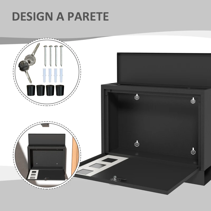HOMCOM Cassetta Postale in Metallo con 2 Chiavi di Sicurezza, 3 Finestre e Foro di Drenaggio, 36.5x11.5x29 cm, Nera