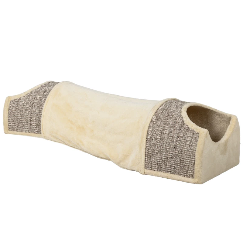 PawHut Katzentunnel mit 3 Öffnungen, plüschig, Sisal-Kratzseil, 107x38x29 cm, Beige/Grau