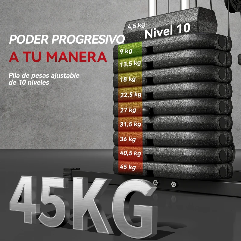 HOMCOM Máquina de Musculación con Pesas Ajustables de 45 kg Prensa de Pecho y Piernas Polea 135x103x200 cm Negro
