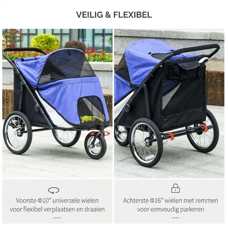 PawHut Hondenbuggy, opvouwbaar, opklapbaar, ligkussen, stalen frame, Blauw/Zwart(m-5)