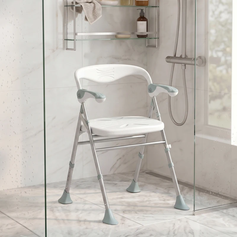 HOMCOM Foldable Shower Chair with Flip-Up Armrests, Shower Stool with Adjustable Height, Tool-Free Assembly, 136 kg