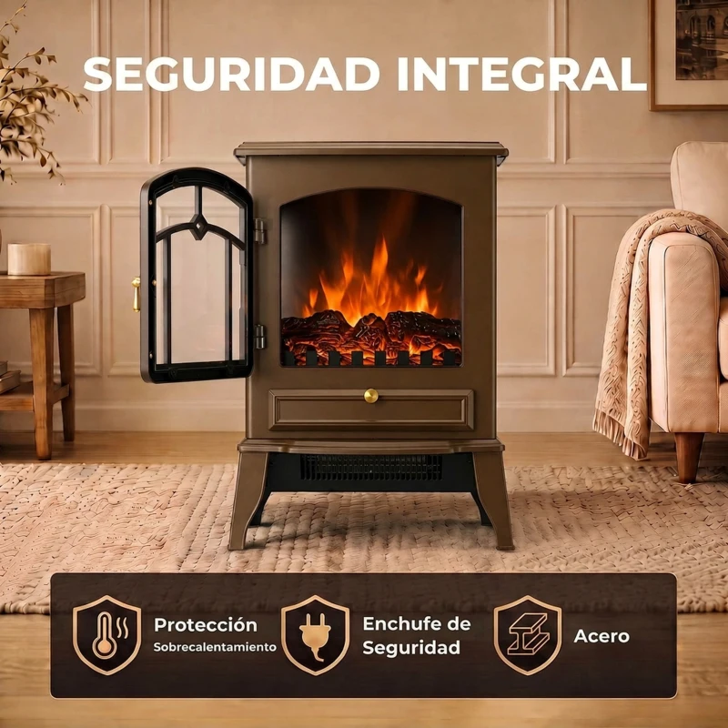 HOMCOM Chimenea Eléctrica 1000/2000 W con Efecto Llama 3 Vistas Termostato y Brillo Regulable Marrón