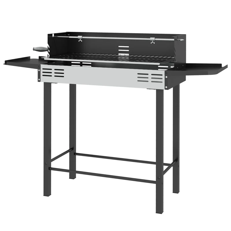 Outsunny Holzkohlegrill Grill BBQ-Grill, verstellbares Rost, 1 Drehspieß, 118 x 32 x 90 cm, Schwarz + Silber