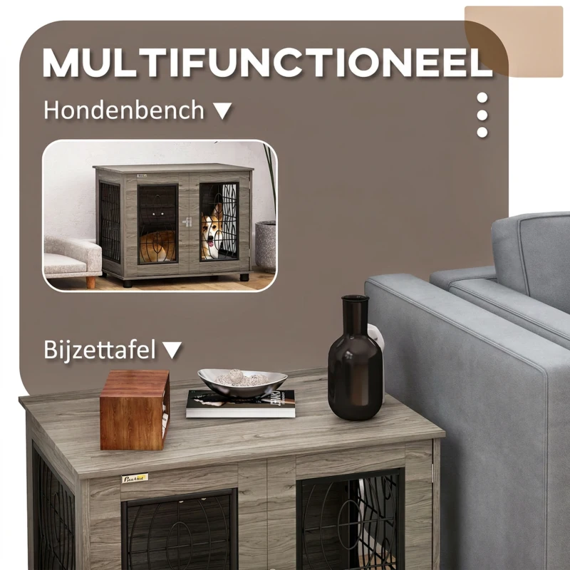 PawHut Hondenkooi met Ligkussen, tot 20kg/50cm Lichaamslengte, Metaal, 80x56x63cm, Grijs/Houtdecor(m-5)