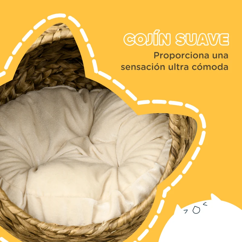PawHut Cama para Gatos de Mimbre Cueva para Gatos Desmontable con Cojín Extraíble 40x37x51 cm Marrón y Beige