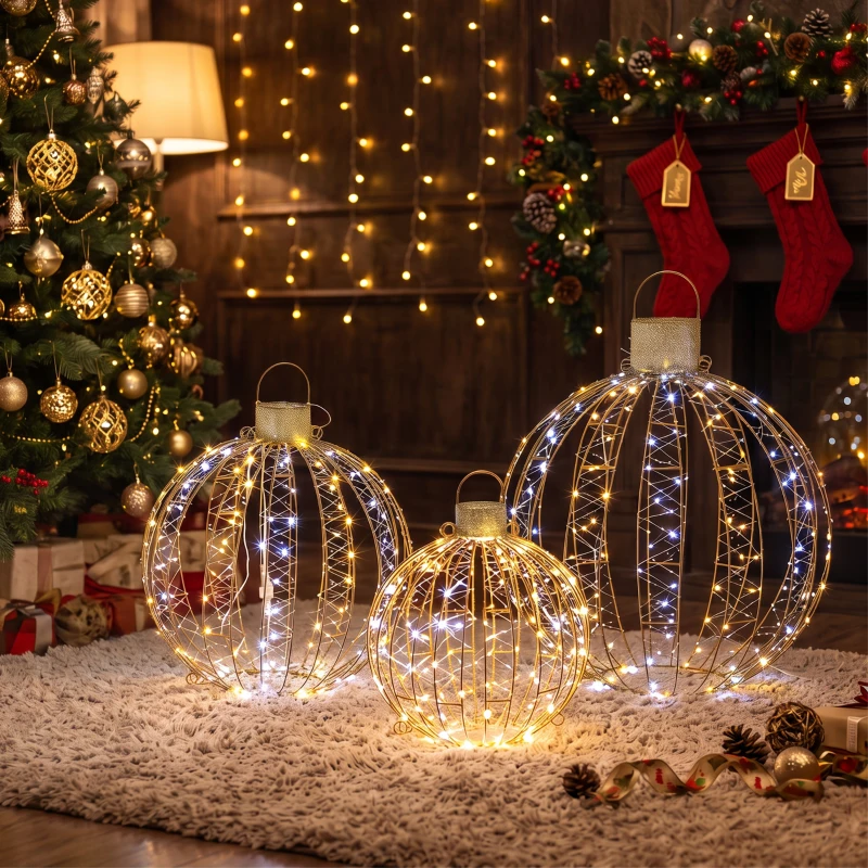 Outsunny Ensemble de 3 boules de Noël éclairées pour extérieur, 360 LED blanc chaud/blanc froid, éclairage fixe & clignotant, minuterie 24 heures