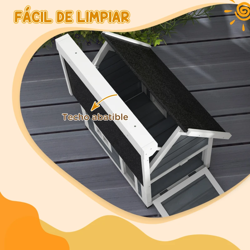 PawHut Casa para Gatos de Madera con Techo Asfáltico Abatible 3 Puertas Ventana para Exterior 77x57,5x68 cm Gris y Negro