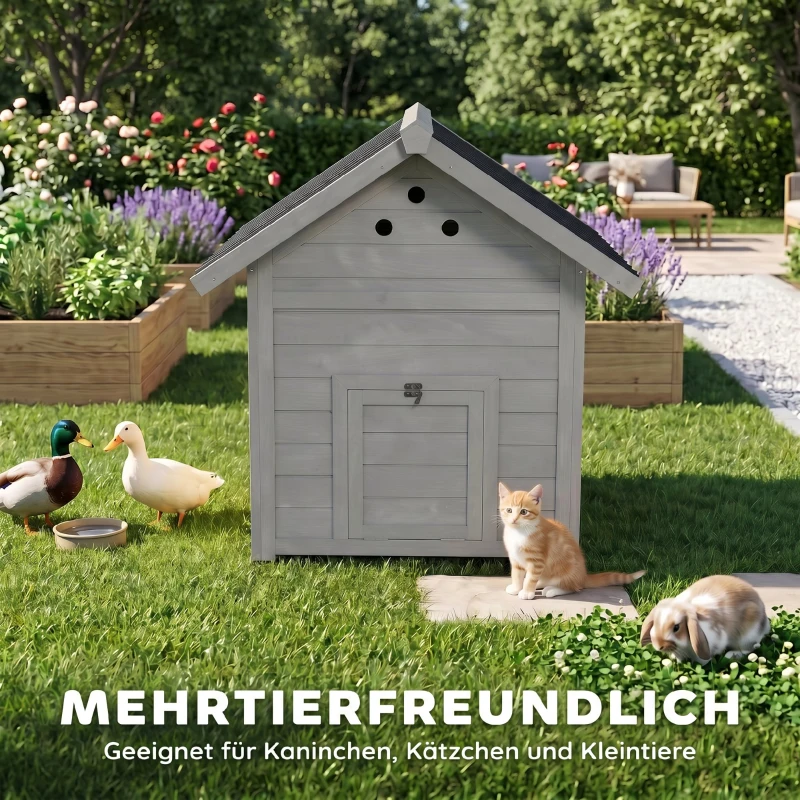 PawHut Entenhaus Entenstall Kleintierstall, wetterbeständig, 2 Eingänge, 2 Rampen, 78 x 90 x 92 cm, Hellgrau + Schwarz