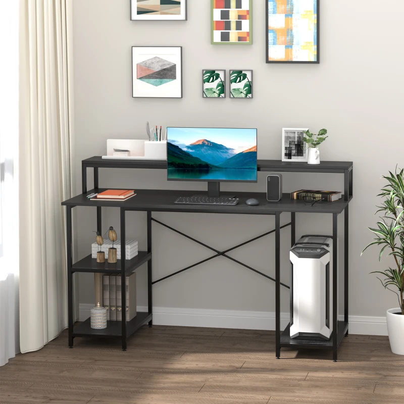HOMCOM Mesa para Computadora Escritorio de Oficina Estudio con 3 Estantes Tabla Superior Patas con Almohadillas Ajustables Antideslizantes Marco Metálico 140x60x93 cm Negro