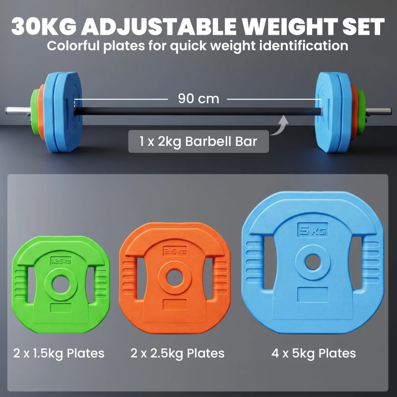 SPORTNOW 30 kg Adjustable Barbell Weights Set, Barbell Bar with Weight Plates, Non-slip Handle, Multicolour