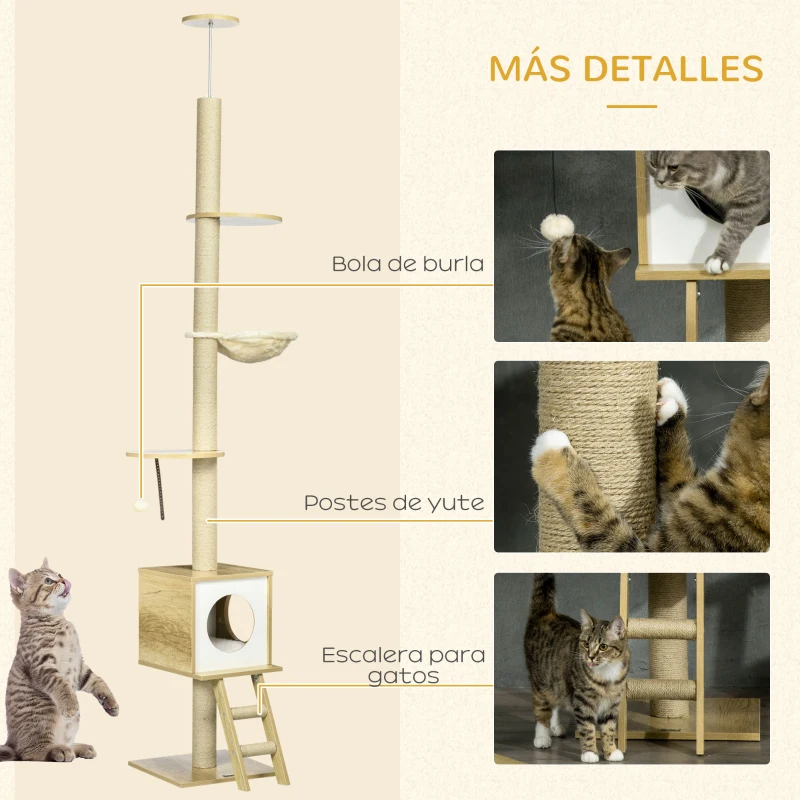 PawHut Árbol para Gatos de Suelo a Techo con Altura Ajustable y Juego de Entretenimiento Libre 40x40x225-285 cm Beige