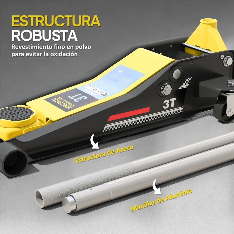 HOMCOM Gato Hidráulico para Coche 3T Altura de Elevación 75-505 mm con Bomba de Doble Pistón Ruedas Mango de Aluminio Amarillo
