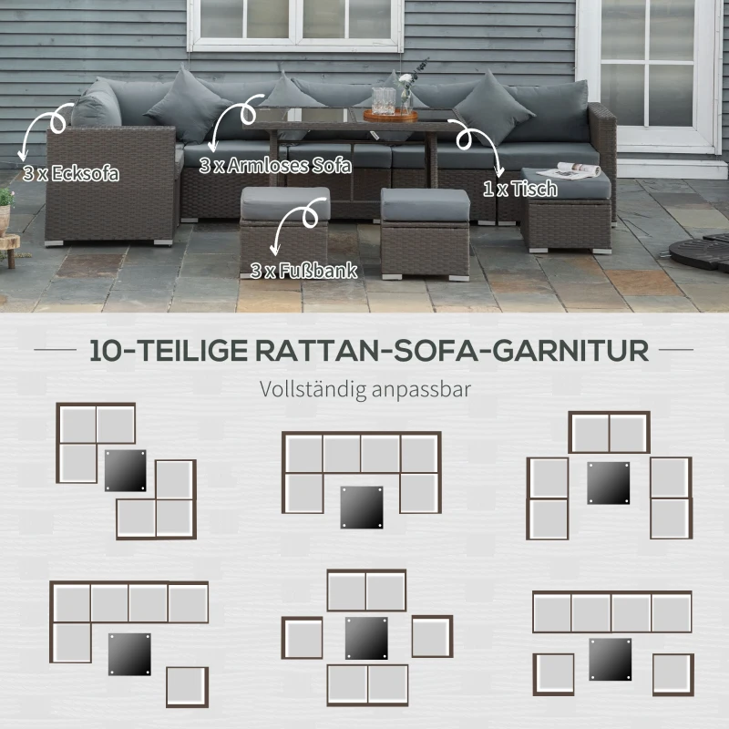 Outsunny 10-tlg. Gartengarnitur in Rattanoptik, mit Sitz- und Rückenkissen, rostfreier Metallrahmen, dunkelgrau