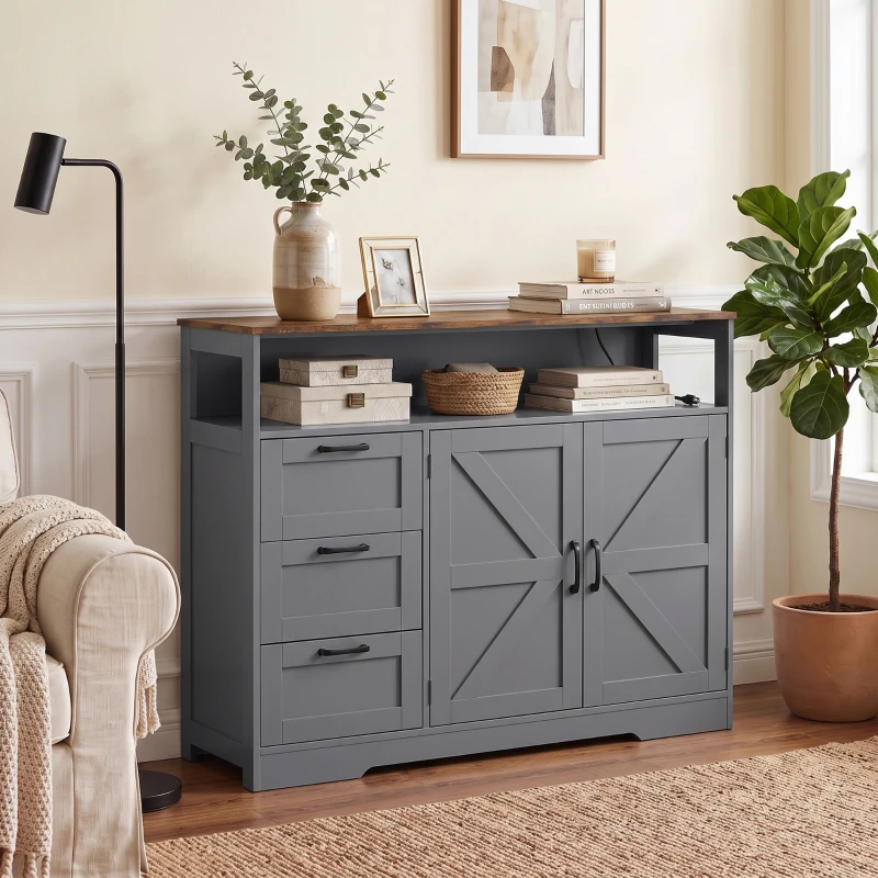 HOMCOM Sideboard Cabinet with Power Outlet, Farmhouse Kitchen Cabinet with 3 Drawers and Open Shelf, Grey