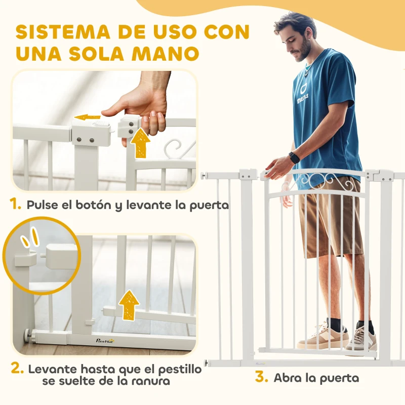 PawHut Puerta para Perros con Ancho Ajustable 76-104 cm Barrera de Seguridad con 2 Extensiones y Doble Bloqueo Blanco