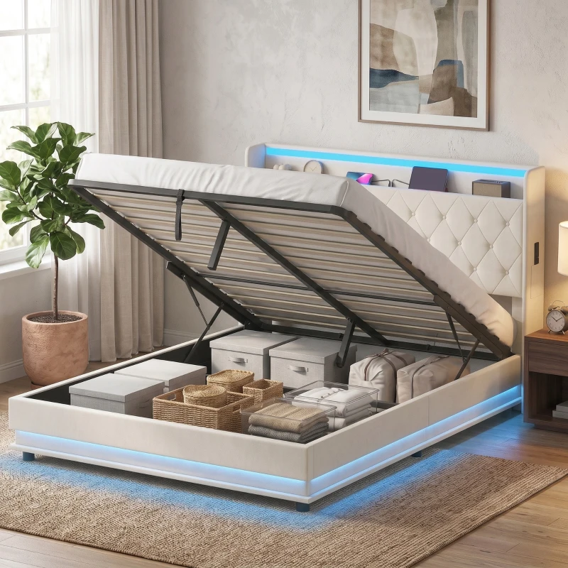 HOMCOM 5ft King Bed Frame with Headboard, Platform Bed Frame with Hydraulic Storage, LED Lights and Charging Station, White