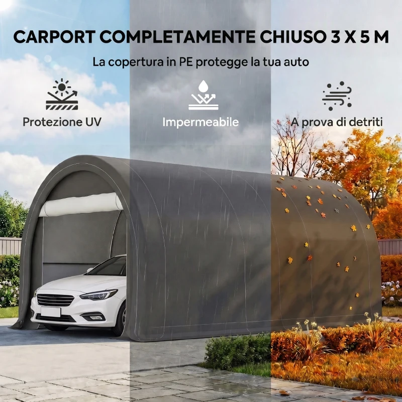 Outsunny Tendone da Giardino per Auto e Attrezzi con Ingresso a Cerniera, Picchetti e Funi, 500x300x240 cm