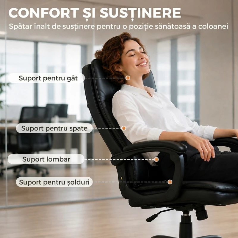 HOMCOM Scaun de Birou Rotativ din Piele PU, Funcție Legănare, Spătar Înalt, Reglabil pe Înălțime, Suportă 120 kg, Negru