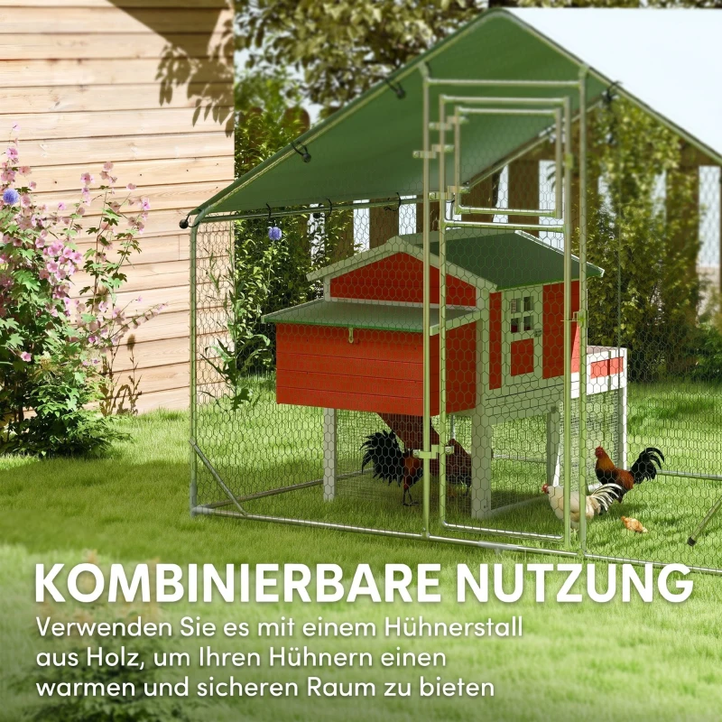 PawHut Hühnerstall, Freilaufgehege für Hühner, mit UV-beständiger Plane, Stahlgitter, Futterautomat, für 6-8 Hühner(m-9)