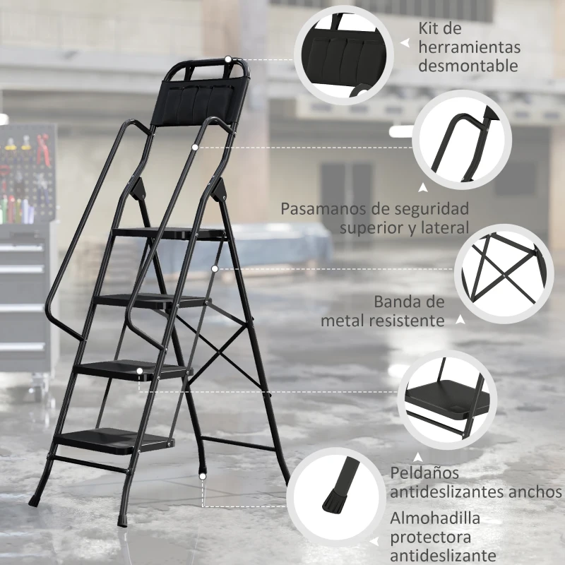 HOMCOM Escalera Plegable de 4 Peldaños con Bolsa de Herramientas Escalera de Tijera con Peldaños Anchos Antideslizantes Negro