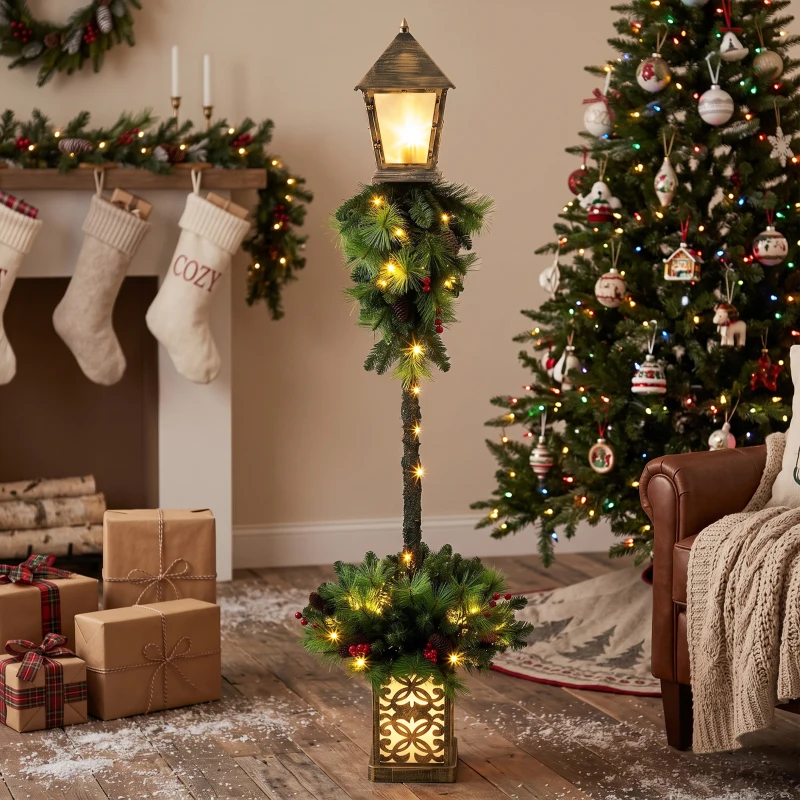 Outsunny Poste de Rua de Natal com 50 LEDs Branco Quente Lanterna Exterior com 159 Pontas de Ramos em PVC e Bagas Vermelhas