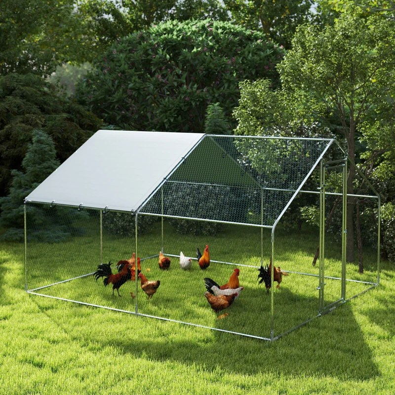 PawHut Kippenverblijf, groot metalen kippenverblijf met water- en UV-bestendige afdekking, kooi voor 10-15 kippen, 3 x 3,4 x 1,9 m