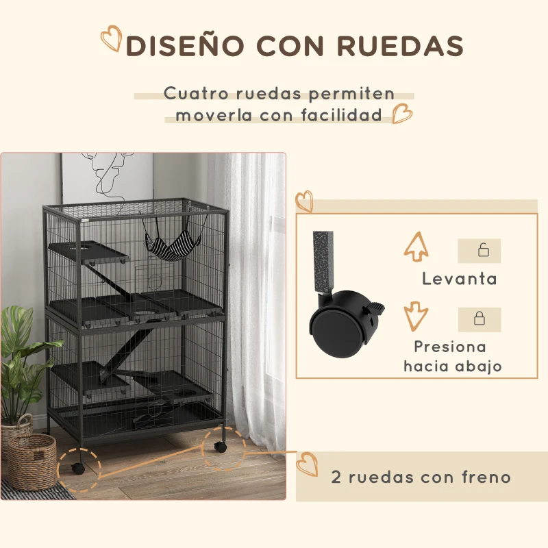 PawHut Jaula para Animales Pequeños con Ruedas Rampas Hamaca y Bandeja Extraíble para Chinchillas Hurones 80x52x128 cm Gris