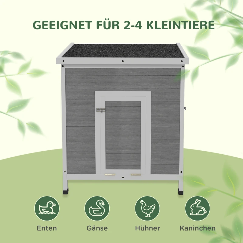 PawHut Entenstall Entenhaus aus Holz mit Asphaltdach, herausnehmbarem Boden, Seitentür, Geflügelstall mit Belüftungslöchern, wetterfest Gänsestall Hühnerhaus Hellgrau 63 x 82 x 76 cm