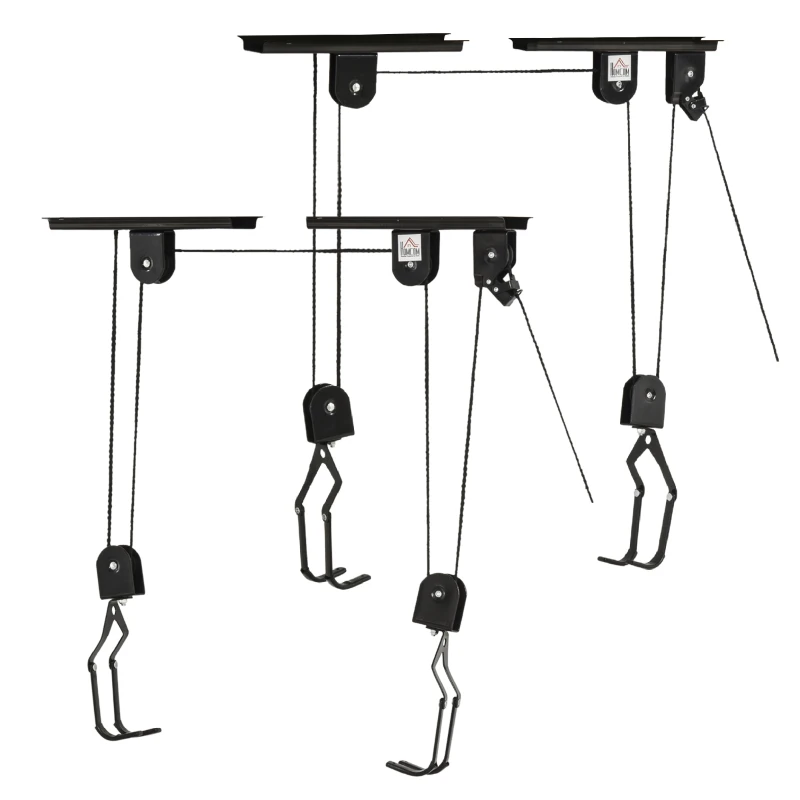 HOMCOM 2 Pares de Elevador para Bicicletas en el Techo Mediante Poleas Cuerdas Ganchos con Altura Ajustable Soporte para Bici al Techo Carga 20 kg Acero Negro