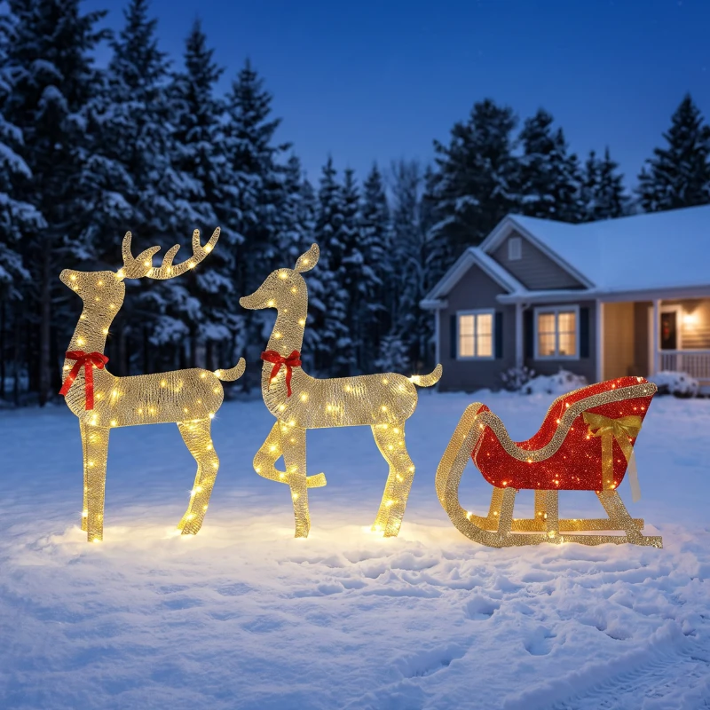 Outsunny Reno de Navidad Exterior con Trineo 3D de 3 Piezas con 200 Luces LED Blanco Cálido 8 Modos y Temporizador