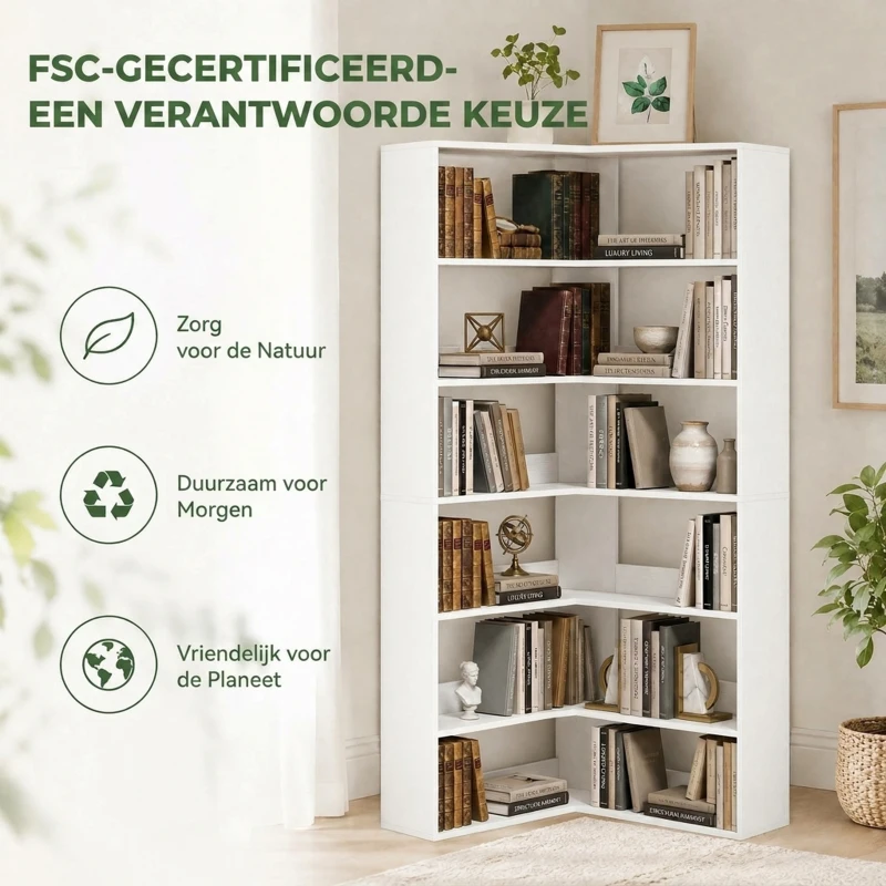 HOMCOM Boekenkast met 7 Lagen, L-vormig Hoekrek met Anti-slip Achterwand, Wit met Houtlook