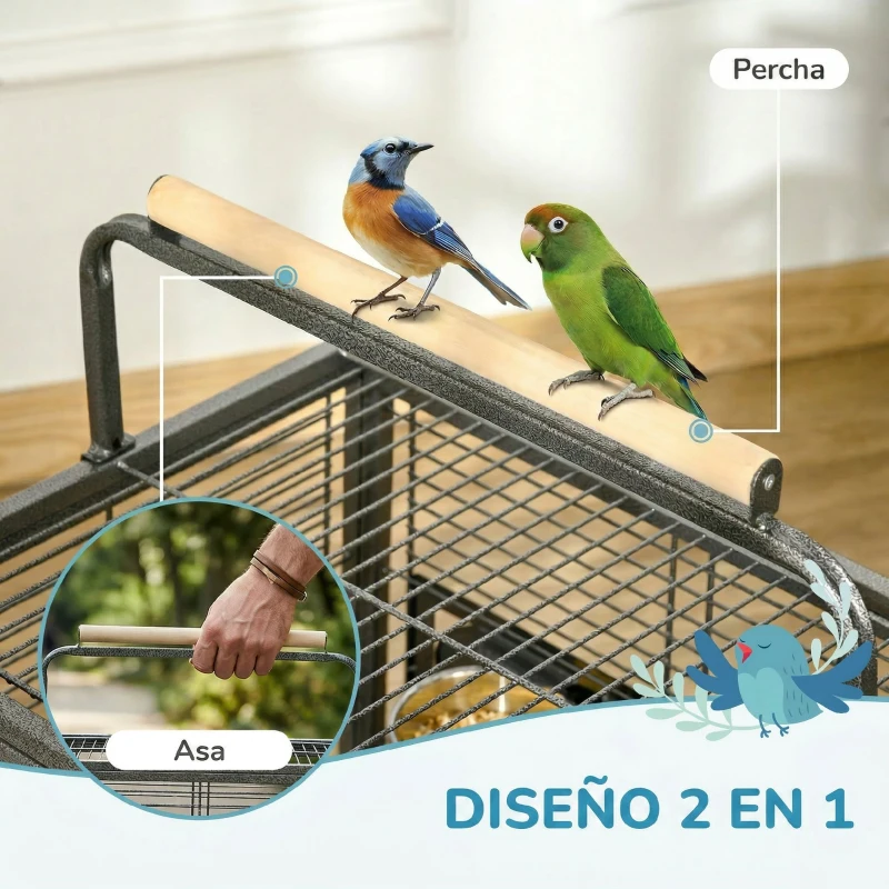 PawHut Jaula para Pájaros Portátil con 2 Perchas de Madera 2 Comederos y Bandeja Extraíble 48x38x47,8 cm Negro