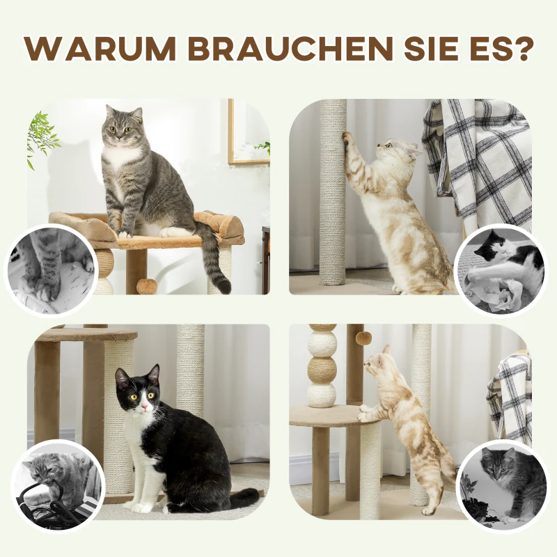 PawHut Krabpaal met 2 niveaus, speelbal, krabpalen, krabballen, geschikt tot 7 kg, 56 x 54 x 86 cm, Bruin
