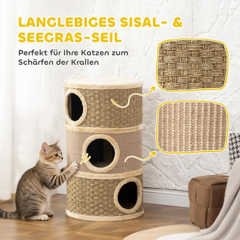 PawHut Krabton, 79 cm hoog, Ø45 cm, drievoudige krabton met sisaltouw, kattenhol, voor grote katten, Khaki+Bruin