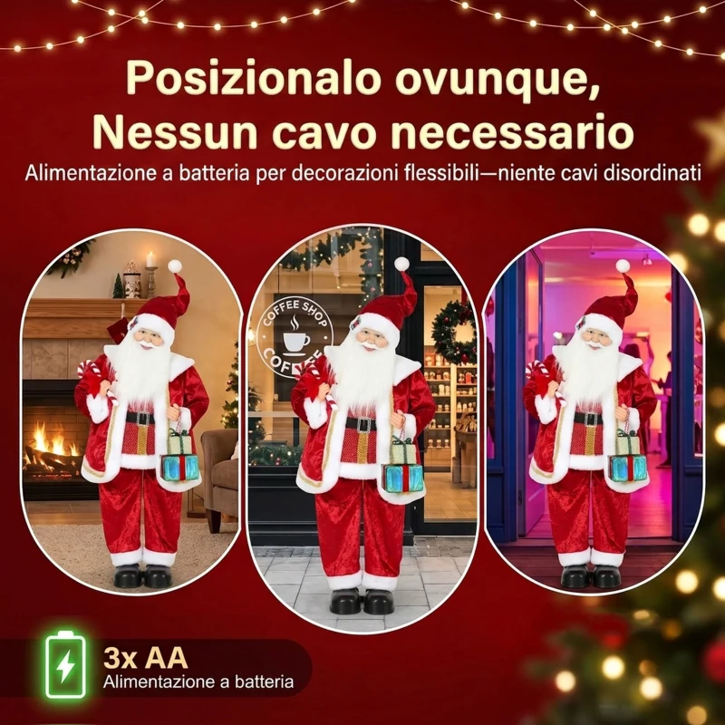 HOMCOM Babbo Natale Animato a Batteria Alto 120 cm con Musica e Movimento, Regali e Bastoncino di Zucchero