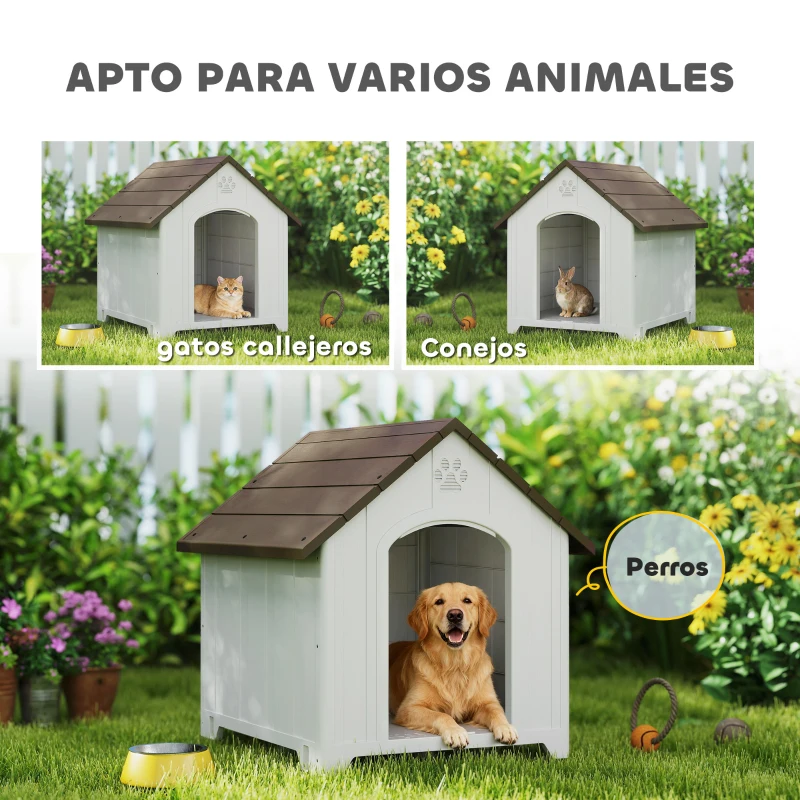 PawHut Caseta para Perros Exterior Casa para Perros Grandes de Plástico con 2 Ventanas Base Elevada Estacas Marrón Oscuro