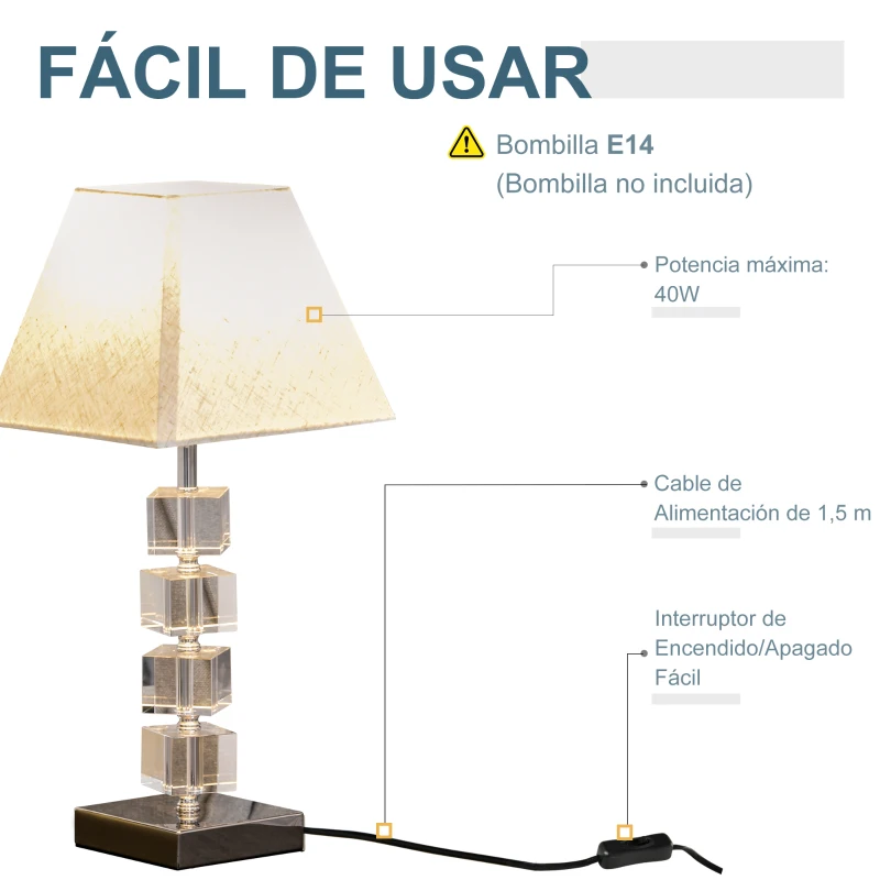 HOMCOM Lámpara de Mesita de Noche con Casquillo E14 Máx. 40W Cristal Giratorio y Base de Metal para Dormitorio 20x20x47cm Crema