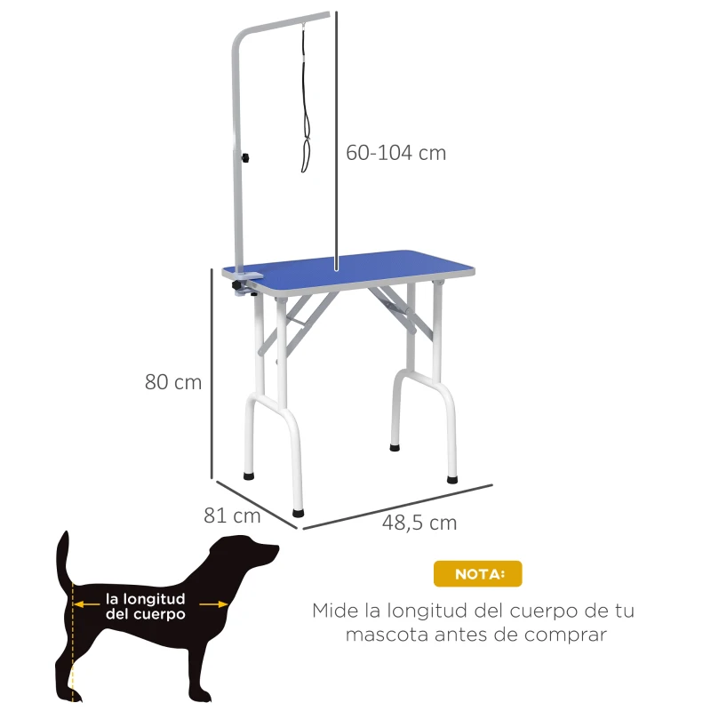 PawHut Mesa de Peluquería Canina Plegable con Encimera Antideslizante Brazo Ajustable 81x48,5x80 cm, Azul