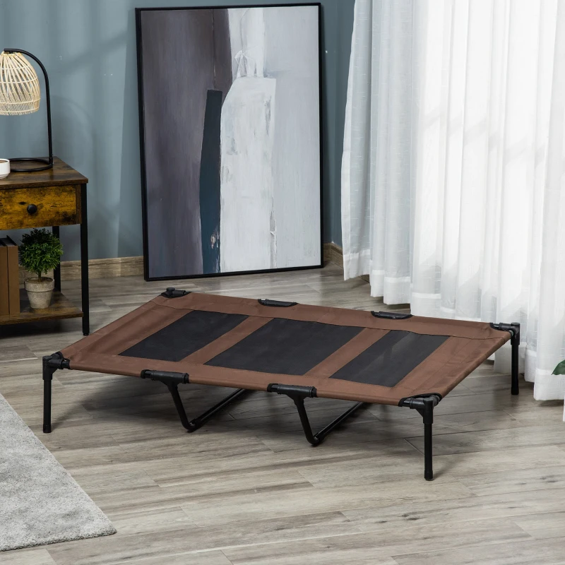 PawHut Cama Elevada para Perros Gatos Portátil Cama para Mascotas con Zona de Malla Transpirable y Tela Oxford para Interior Exterior 122x92x23 cm Café