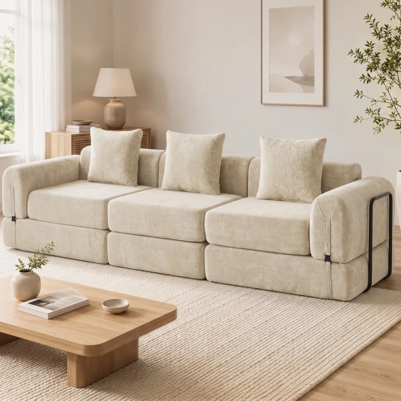 HOMCOM Sofá-Cama Dobrável 245 cm Sofá Comprimido 3 Lugares Modular em Chenille com Assento Largo 3 Almofadas Bege