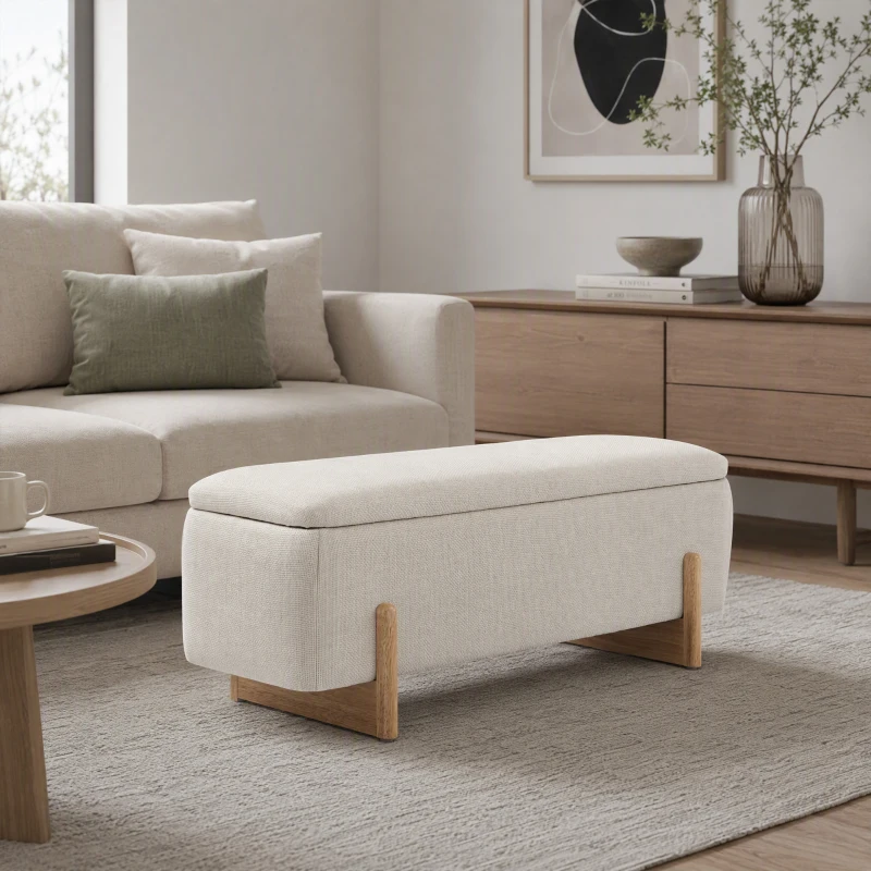 HOMCOM Hocker mit Stauraum, Sitzbank mit Schaumstoffpolsterung, Leinenimitat, 111 x 44 x 44,5 cm, Cremeweiß(m-8)