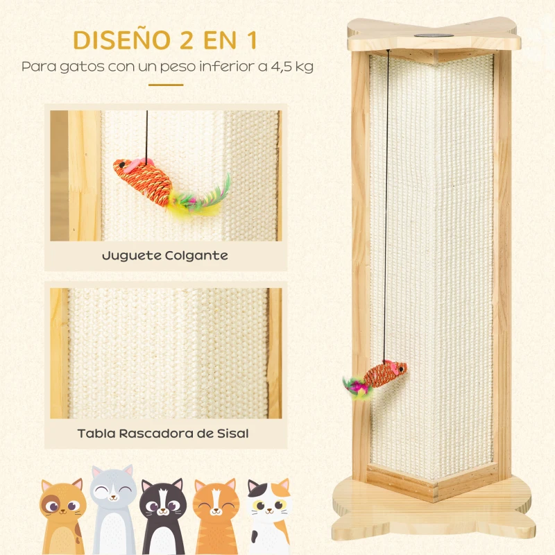 PawHut Rascador de Gatos para Esquina 25x23x62 cm Madera de Pino Tabla Rascadora Esquinera de Sisal Natural con Juguete Colgante Color Natural