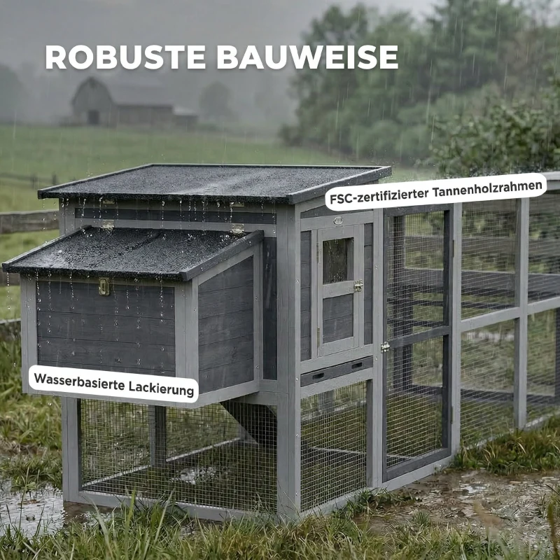PawHut Hühnerstall Hühnerhaus für 3-4 Hühner mit Auslauf Nistkasten Asphaltdach Oxford-Abdeckung Auszugsschublade 264x82x89cm Grau