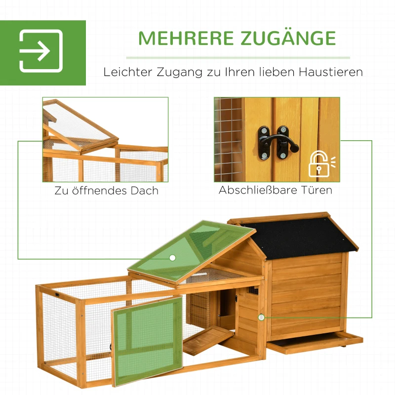 PawHut Hühnerstall mit Nistkasten Hühnerhaus mit Stange, Laufstall, Auslauf, Massivholz Natur, 180 x 92 x 78 cm