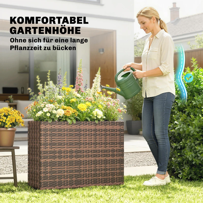 Outsunny Hochbeet mit verstellbaren Füßen, Rattan Blumenkasten mit herausnehmbarem Einsatz für Terrasse und Balkon, Braun