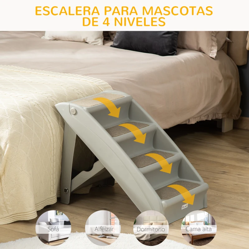 PawHut Escalón para Perros Gatos Portátil con Alfombras Antideslizantes para Cama Sofá Carga 20 kg 62x38x49,5 cm Gris